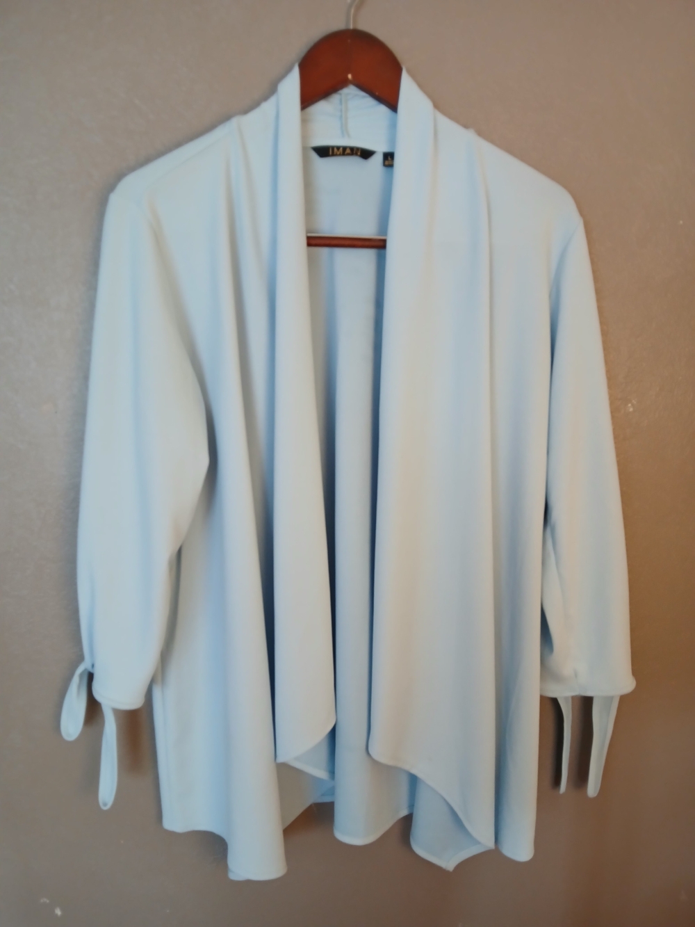 IMAN Light Blue Open Front Draped Cardigan, Large
